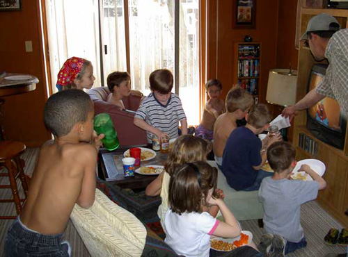 Instead of enjoying the warm spring weather outside, all the kids at my nephew Alex's 6th birthday party preferred to stay inside and watch television.  (2005)
