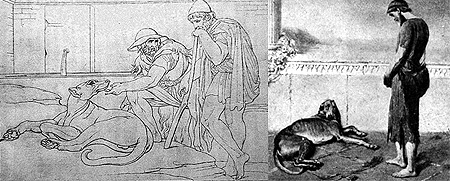 Two different artists' depictions of Odysseus's reunion with his dog, Argus.