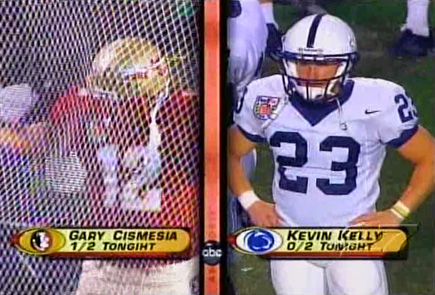 During regular gameplay, one of them missed an extra point and the other missed a field goal.  Thanks to them, we ended up in this overtime fiasco during the 2006 Orange Bowl.  This splitscreen shot appeared shortly after they each missed field goals in overtime period number one.  (2005)