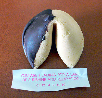 The chocolate covered fortune cookie from Park City's exquisite Asian restaurant Wahso.  Plus the unbelievable fortune inside (opened the day I was flying back to Florida).  (2006)