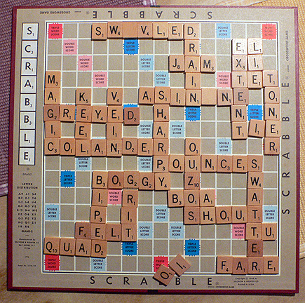 Another Scrabble board from last year when my dad and I were playing.  Note the three seven-letter words.  ASININE was mine.