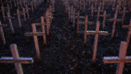 Computer filtered, adjusted and processed photo of crosses memorializing the fallen U.S. soldiers in the Iraq and Afghanistan wars on the lawn of the Freedom Church First Assembly of God in Tallahassee. (2007)