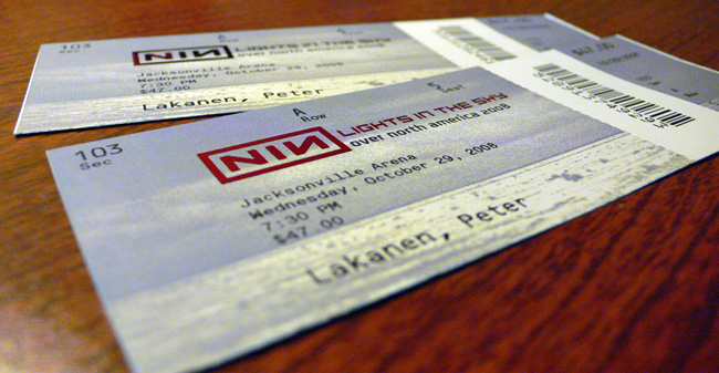 My personalized tickets for the Nine Inch Nails concert in Jacksonville, FL on October 29th, 2008.