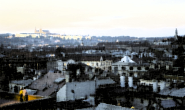 View of the city in Prague.  I think this picture was taken near the castle.  Artistic rendering courtesy of Photoshop.  (2003)
