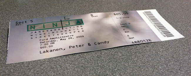 One of the customized tickets Candy and I got for the May 9th, 2009, NIN|JA show in Tampa.  (2009)